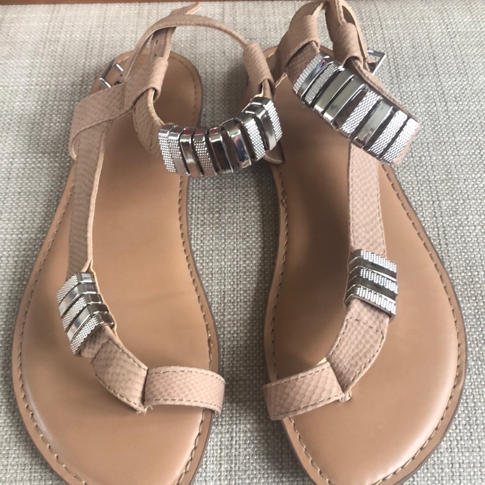 Tan flat sandals with silver detail 7.5